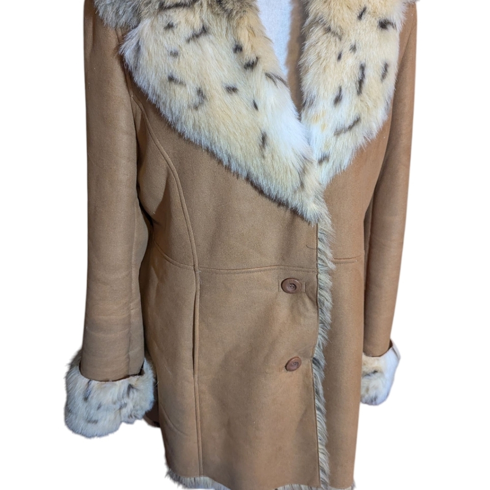 Vtg Y2K Talbots Penny Lane Tan Faux Sherpa Suede/Snow Leopard Fur Lined Coat - Picture 3 of 11